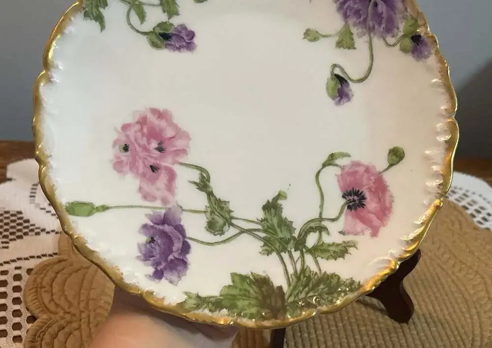 Antique Tressemann & Vogt Limoges Porcelain Plate Pink Purple Poppies Gold Trim